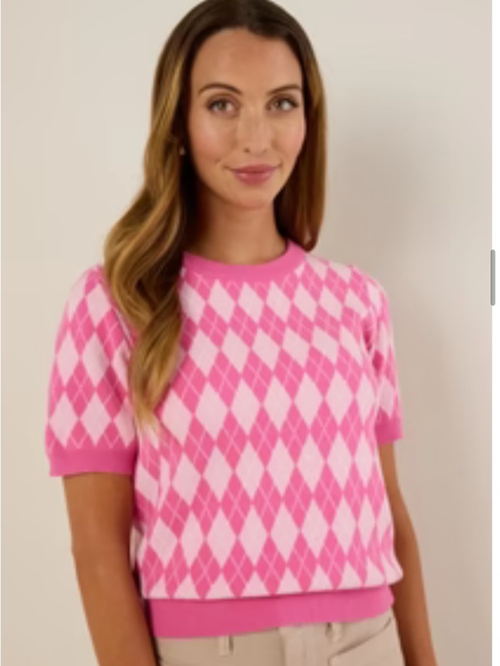 Avara Pinch Pink Argyle Short Sleeve Knit Sweater small